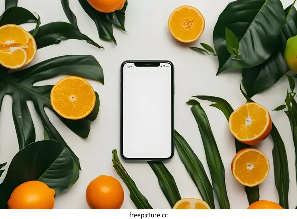 White Background With Orange Fruit and Green Leaves Beside a Smartphone