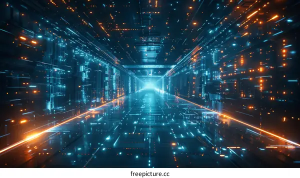 Futuristic technology background with glowing blue and orange lights