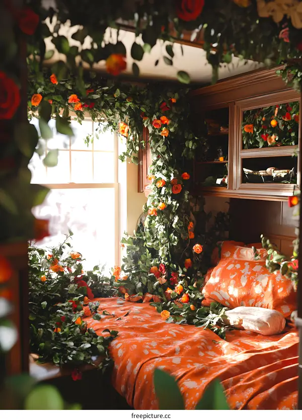 Orange Flowers Overgrown in Room with Bed and Window