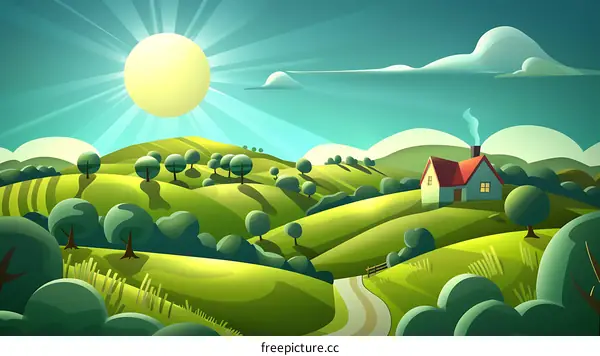 Cartoon Landscape With House And Sun