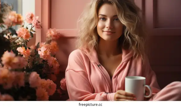 Smiling Blonde Woman in a Pink Robe with Coffee in a Pink Room