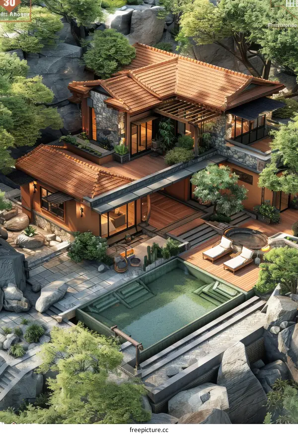 Stunning Asian-style House with a Garden and Pool