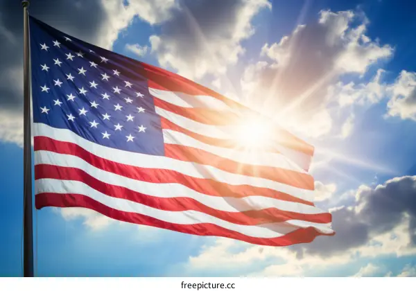 American flag waving in the wind with a bright sun behind it