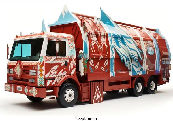 Artistic rendering of a garbage truck with a Native American theme