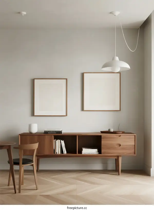 Modern minimalist living room with wooden sideboard and framed wall art