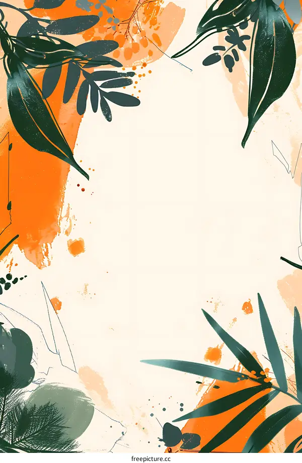Abstract Green and Orange Watercolor Leaves Background