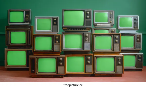Vintage Televisions Stacked Against a Green Wall