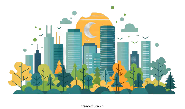 [Transparent Background PNG]Modern City Skyline with Trees and Sun and Moon in the Background