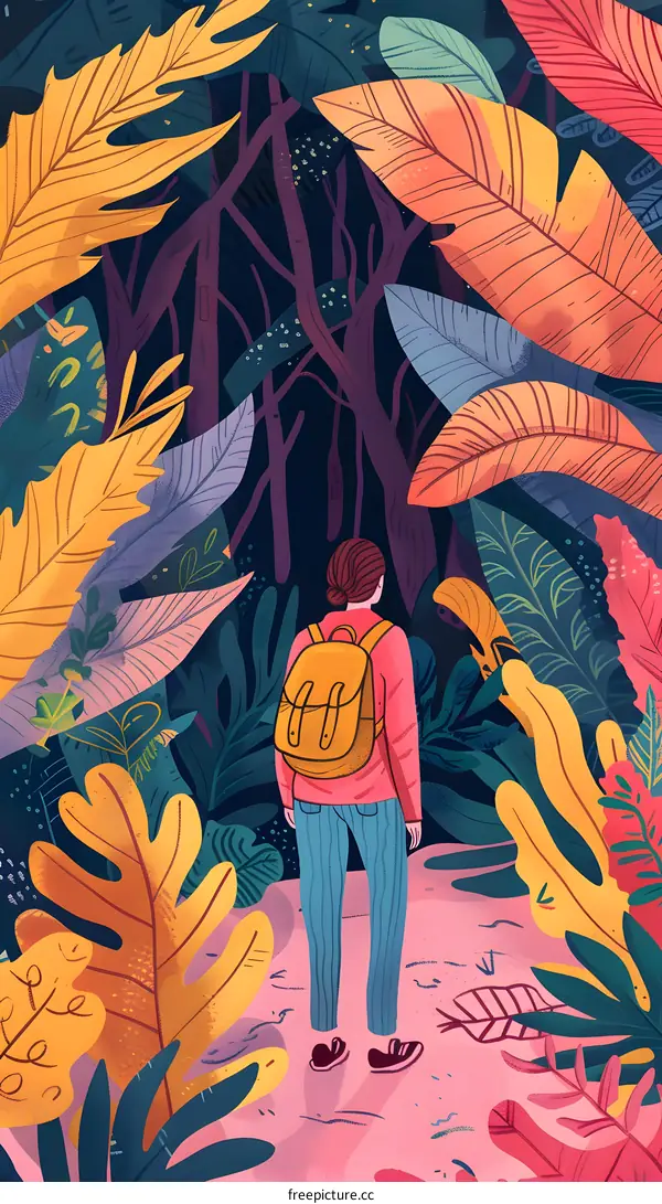 Woman with Backpack Walking Through Forest