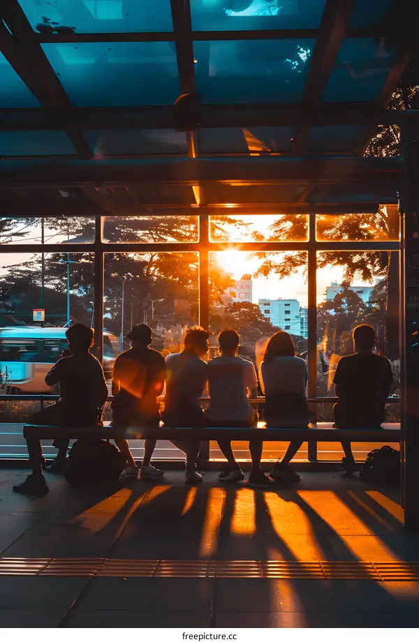 Group of Friends Sitting on a Bench at a Bus Stop During Sunset