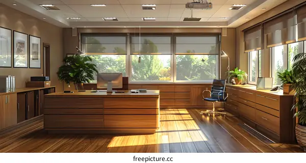 Modern Office Design with Large Windows and Wood Furniture