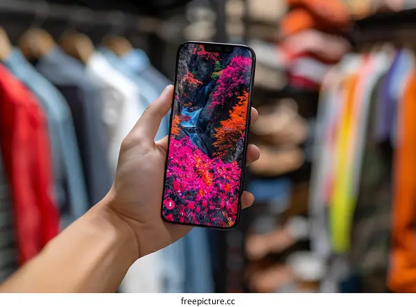 Hand Holding Smartphone with Waterfall Wallpaper