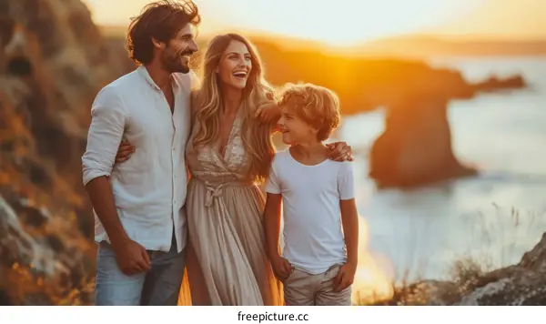 Happy family of three standing on a cliff and watching the sunset