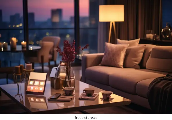 A cozy living room with a view of the city at night