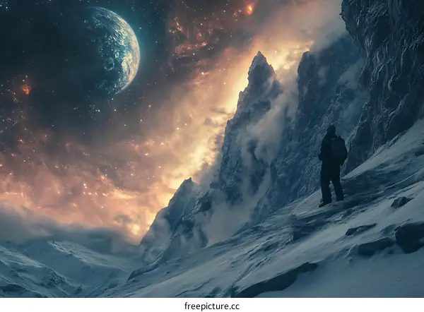 Man Standing on Mountain Peak Looking at Distant Planet