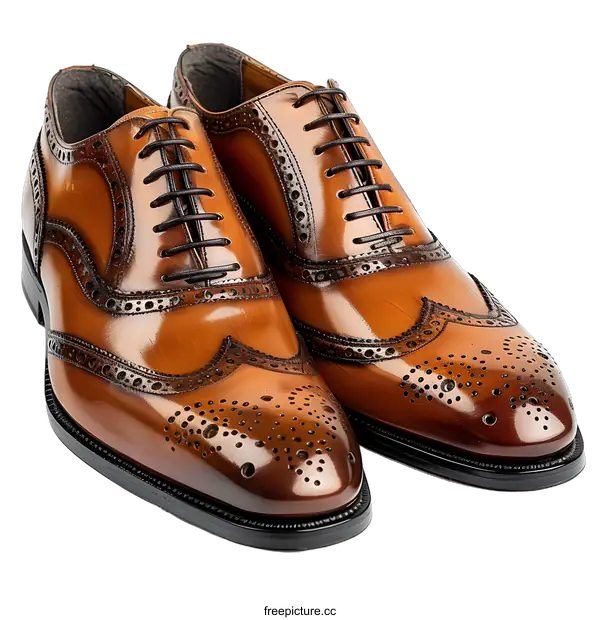 [Transparent Background PNG]A pair of brown leather shoes with brogue details.