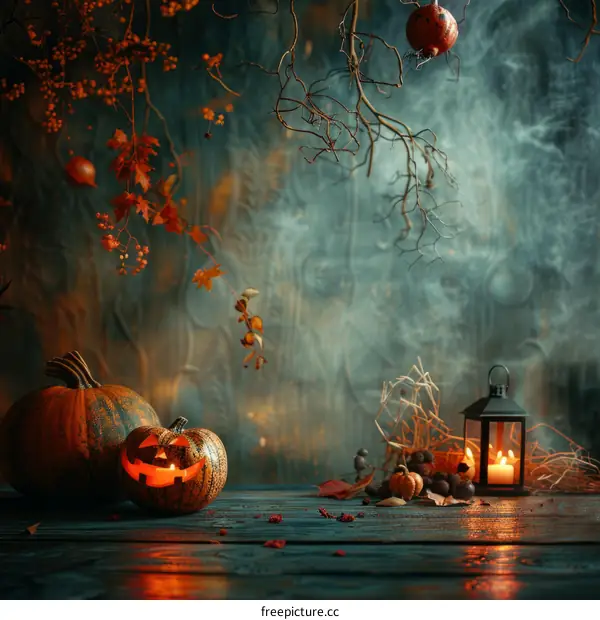 Spooky Halloween Pumpkin Still Life with Lantern
