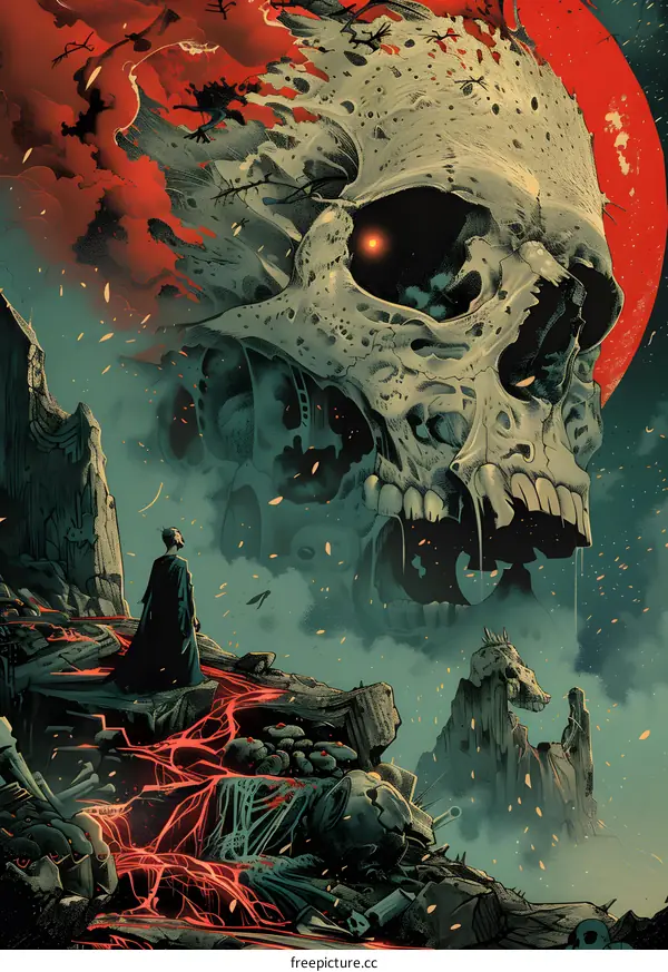 A skull with a glowing eye looks down on a post-apocalyptic landscape