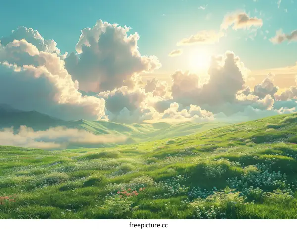 Picturesque Countryside with Blue Sky from Atop the Hill