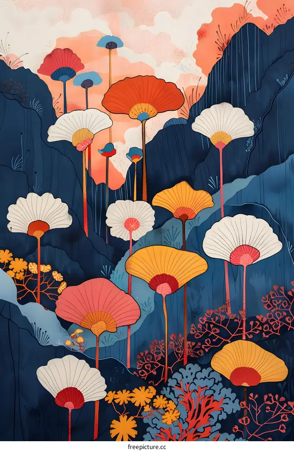 Abstract Artistic Illustration Of Colorful Flowers In A Mountain Landscape