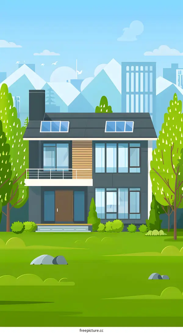 Modern House with Solar Panels on Rooftop Illustration