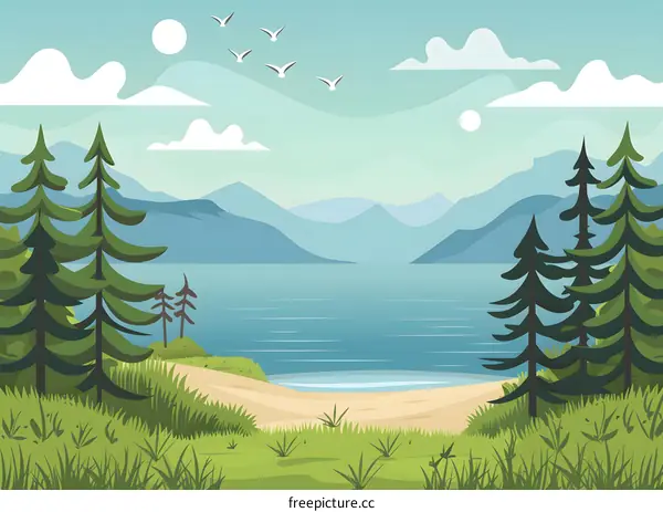 Mountain Lake Landscape Illustration with Trees and Birds