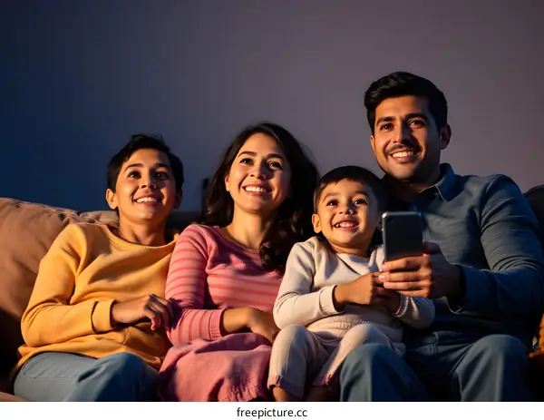 Happy Indian Family Watching Movie on Phone at Home