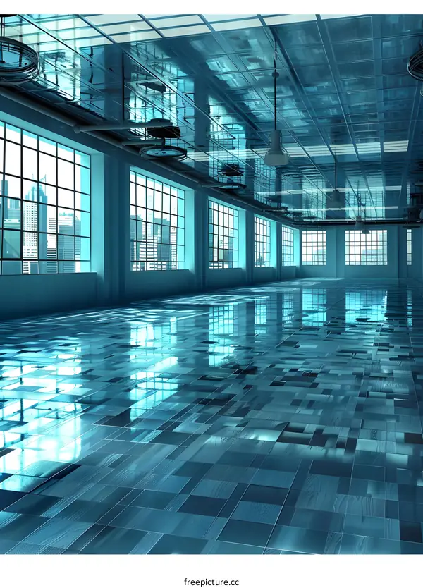 Blue Tiled Floor in Empty Office Building