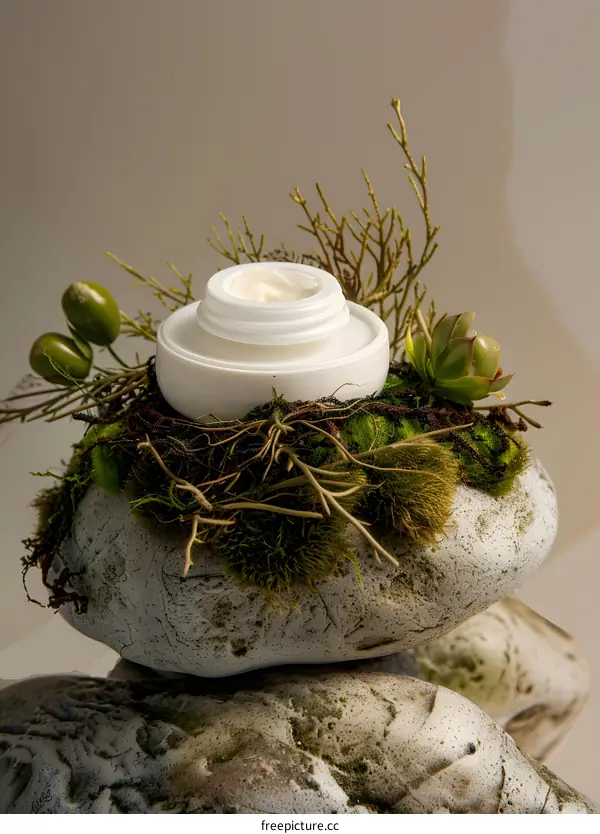 White Cream Jar On Stacked Stones With Greenery