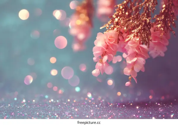 Romantic Pink Flowers on Glittery Background