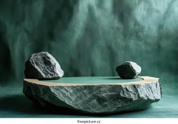 Modern Minimalist Stone Display Platform Against Teal Background
