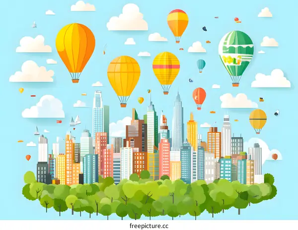 Cityscape with Hot Air Balloons Illustration