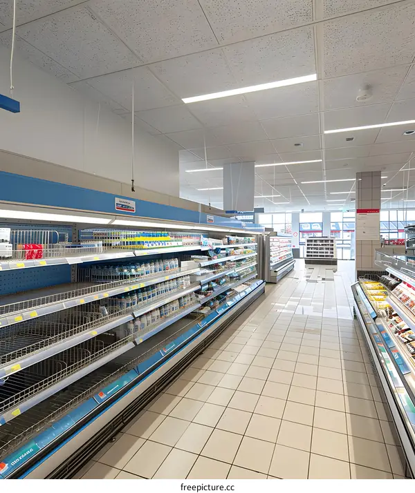 Empty Supermarket Aisle With Shelves And Products