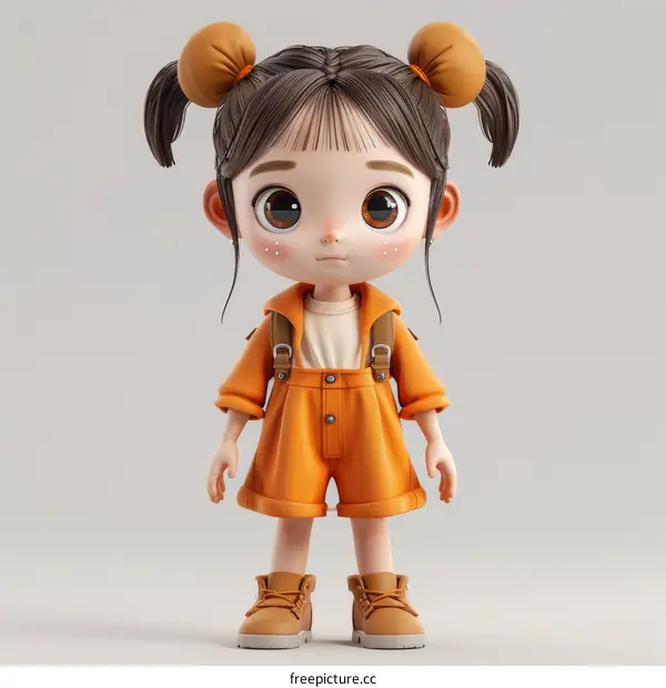 3D cute cartoon little girl with brown hair and orange clothes