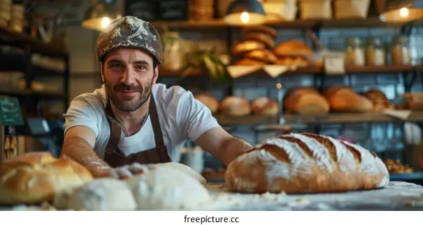 Baker proudly displaying his freshly baked bread