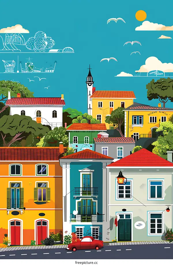 Colorful Illustration of European Village with Houses and Blue Sky