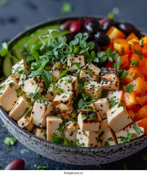Grilled tofu with vegetables and herbs