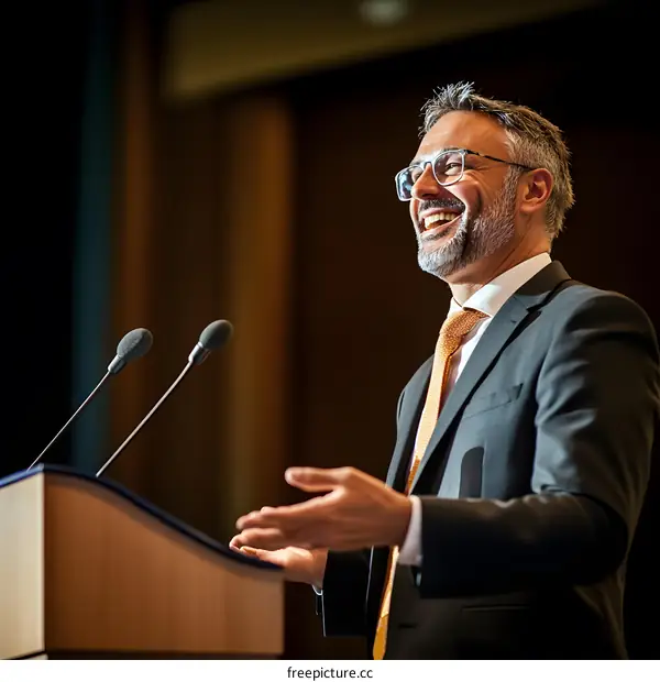 Smiling Speaker at a Conference with Microphone