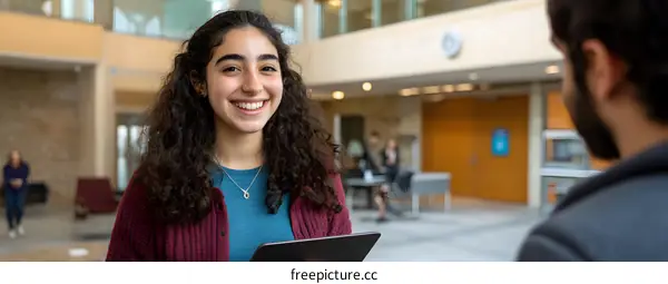 Smiling Young Woman Holding Tablet Device in a Modern Office Lobby
