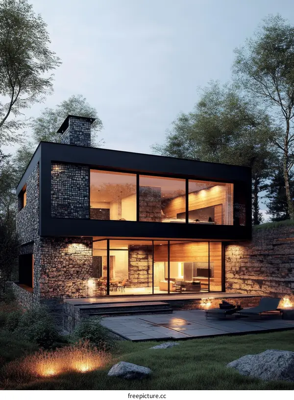 Modern Stone House Exterior at Dusk