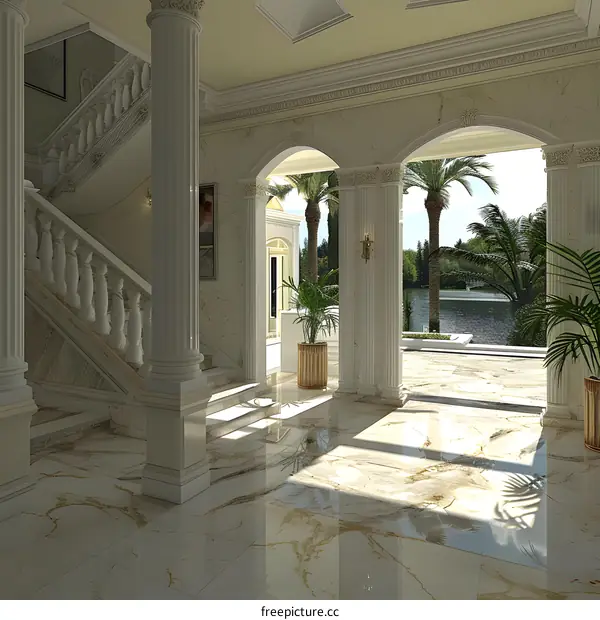 Luxury Home Interior Design With White Marble Floors And Staircase