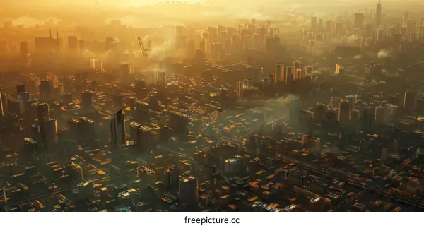 Aerial View of a Futuristic Metropolis at Sunrise