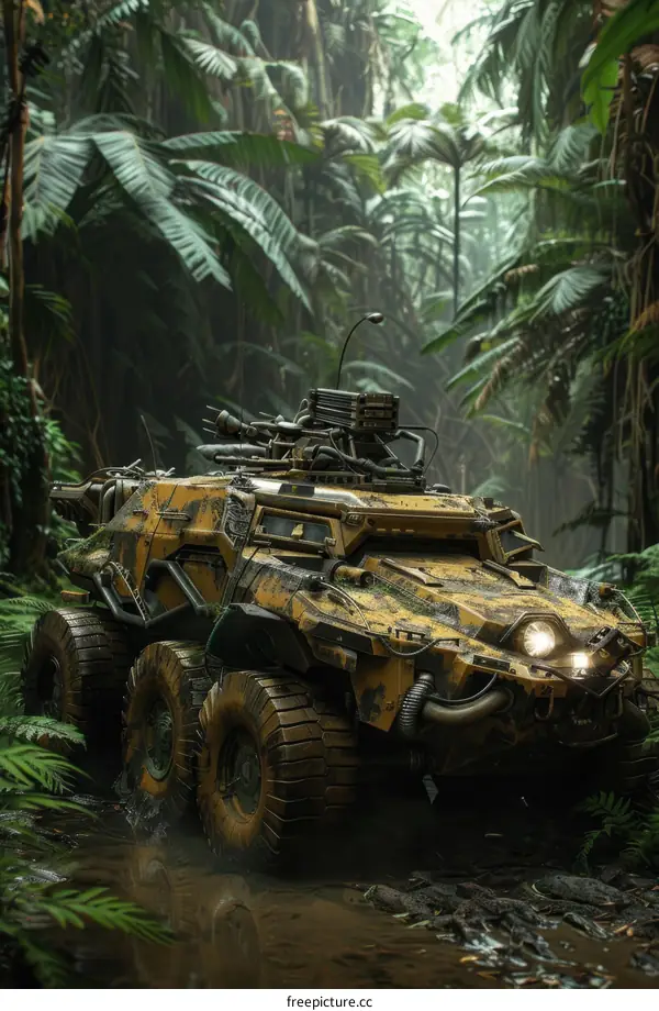 Military Vehicle Navigating Dense Jungle