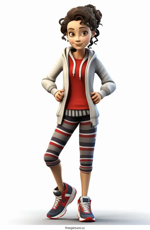 Young Woman in Red Shirt, White Hoodie, and Striped Leggings