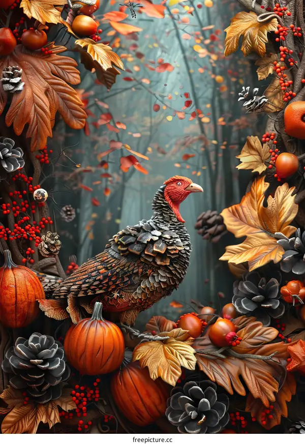Autumn Forest with Turkey and Pumpkins