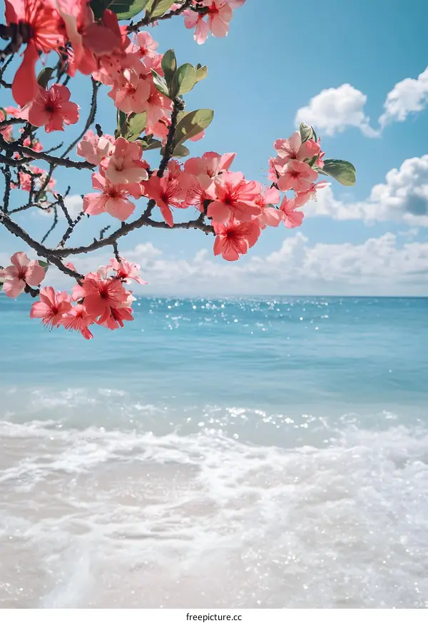 Pink Flowers Overlooking The Ocean Beach