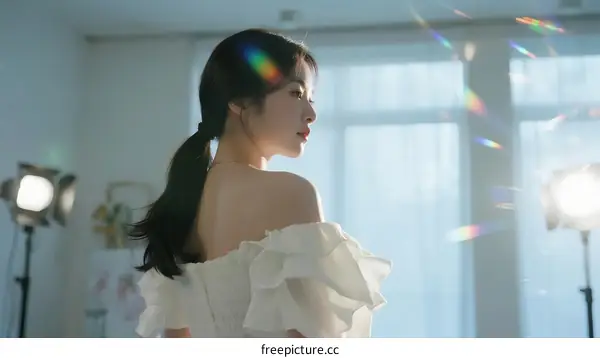 A Young Woman in Off-the-Shoulder Dress with Natural Light