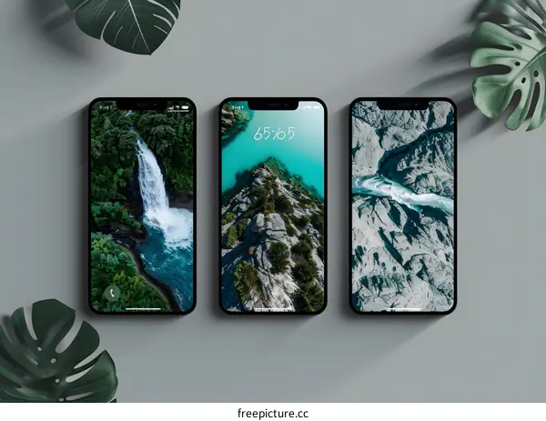 Three Smartphones Displaying Nature Wallpapers