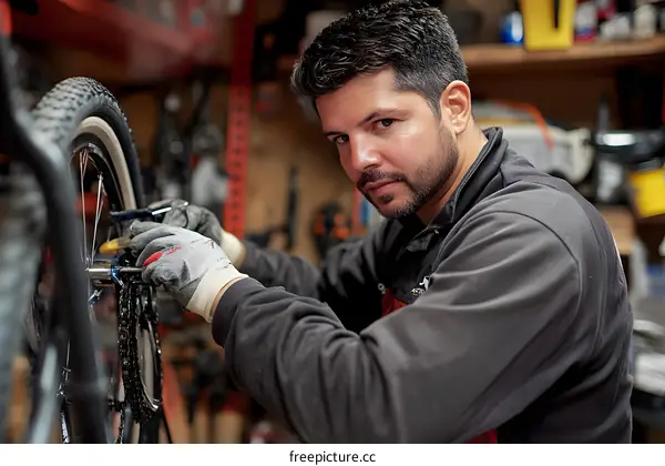 Man Working on a Bicycle in a Workshop