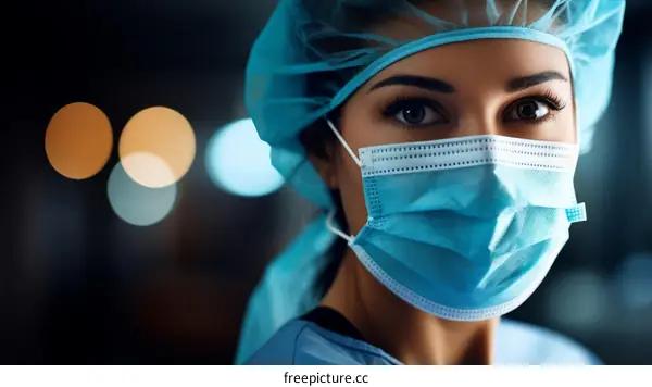 Portrait of a female surgeon wearing a surgical mask and cap